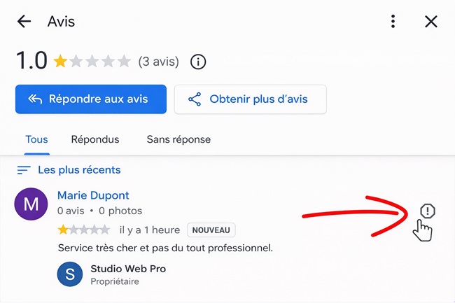 Cliquez sur l’icône Signaler google business profile
