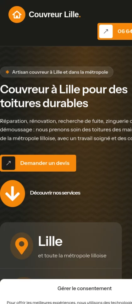 Mockup mobile du site Couvreur à Lille à louer
